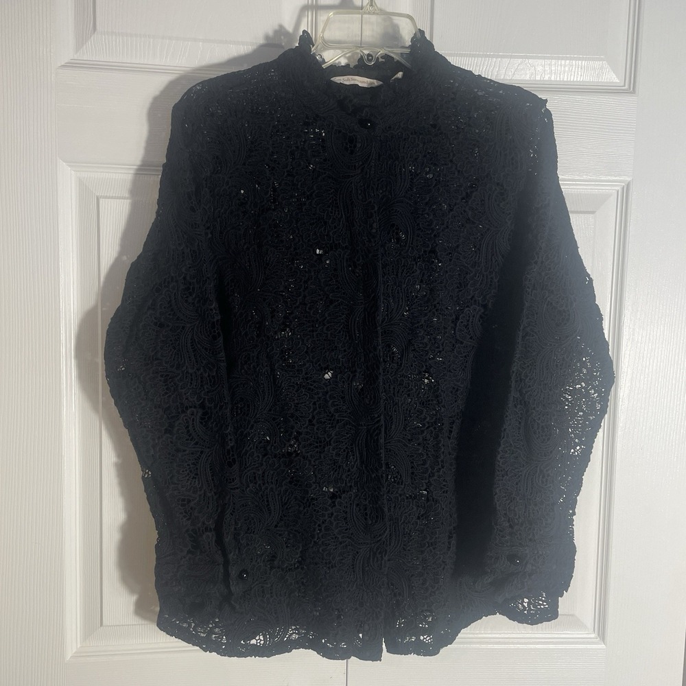 Soft Surroundings 100% Cotton Lace Shirt Women 1X Black Long Sleeve Button Up